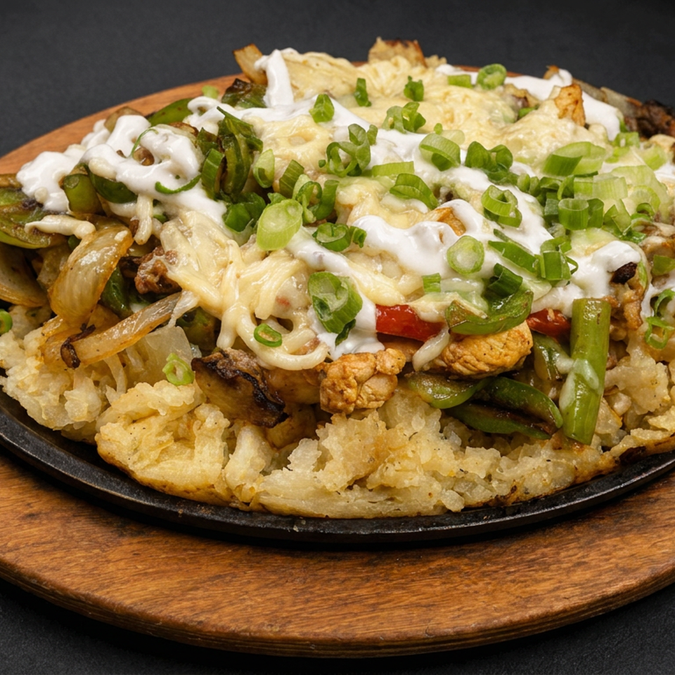 Loaded skillet of crispy potatoes, chicken, peppers, onions, melted cheese, sour cream, and green onions on a wooden trivet.