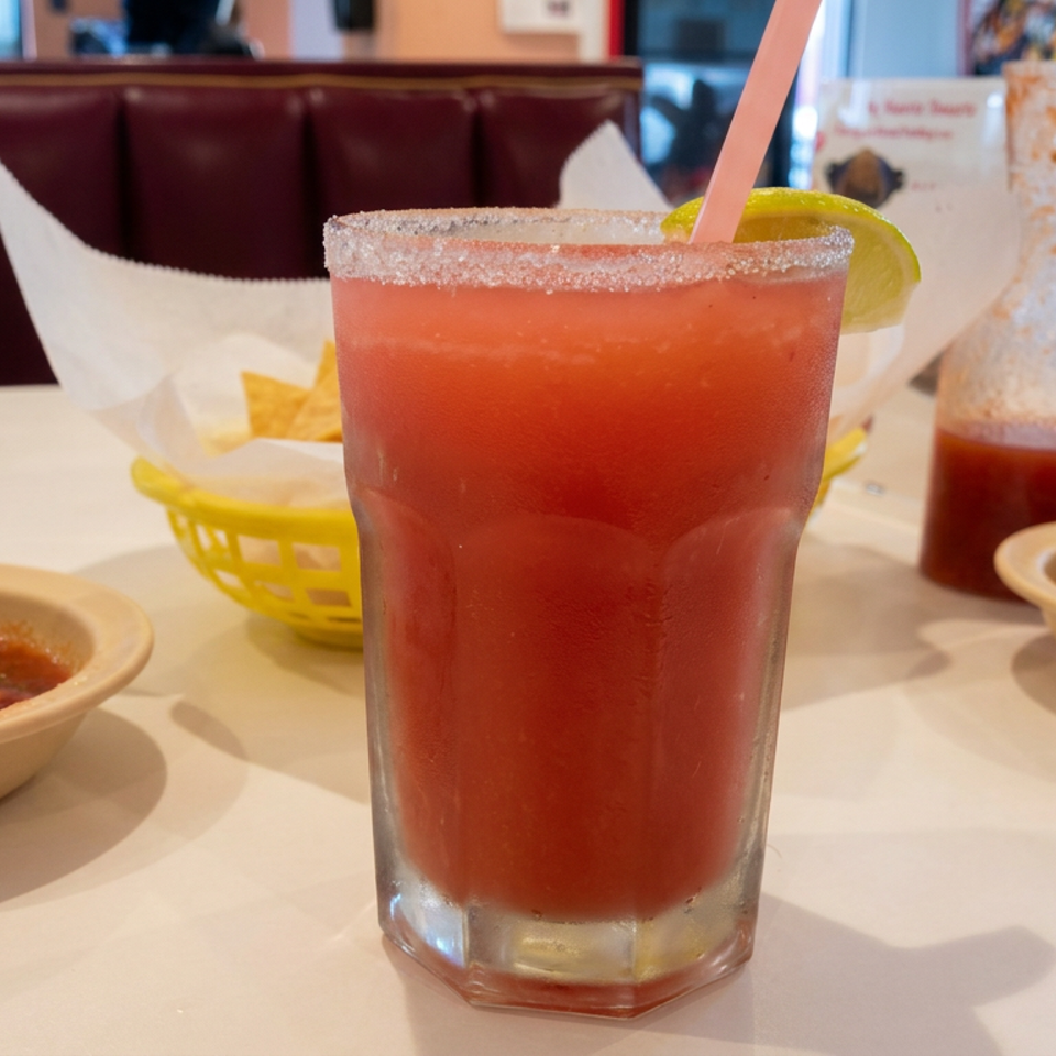 Red fruit drink with a sugar-rimmed glass, straw, and lime wedge beside tortilla chips and salsa on a restaurant table.