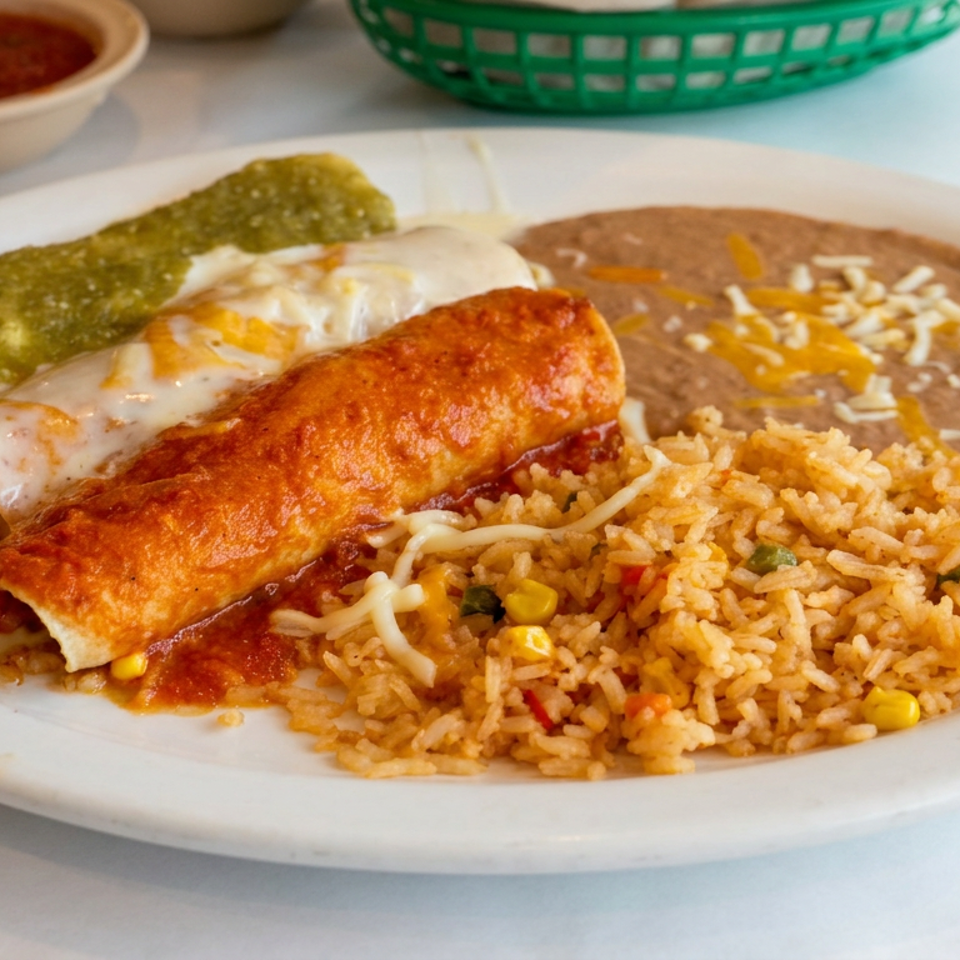 Mexican plate featuring enchiladas with red, white, and green sauces, seasoned rice, refried beans, and salsa.
